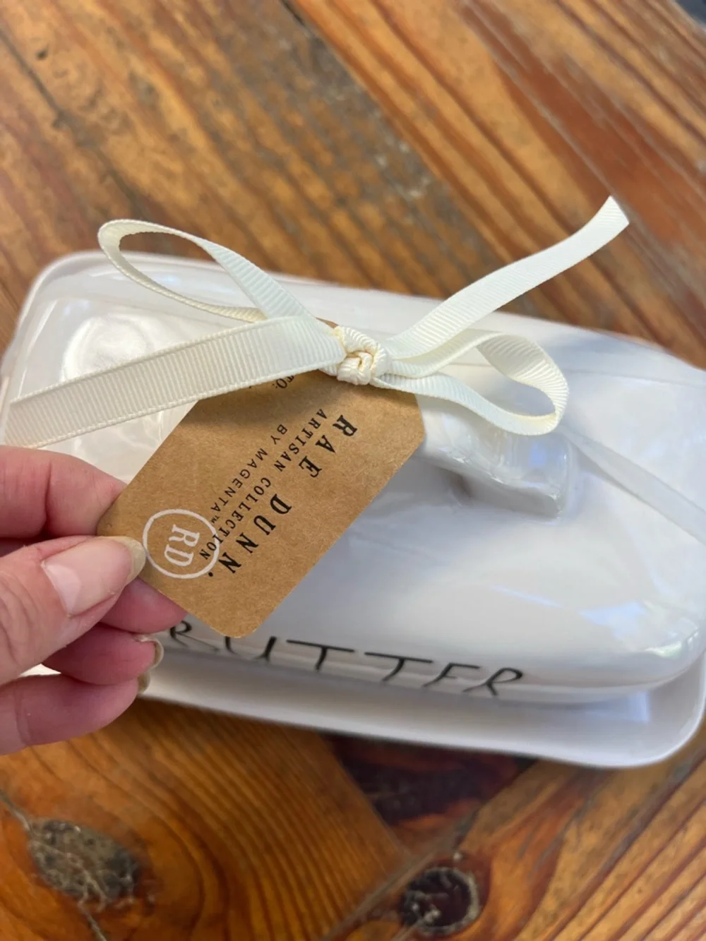 RAE DUNN White and Tan Stripe Black Letters Covered Ceramic Butter Dish NWT NEW